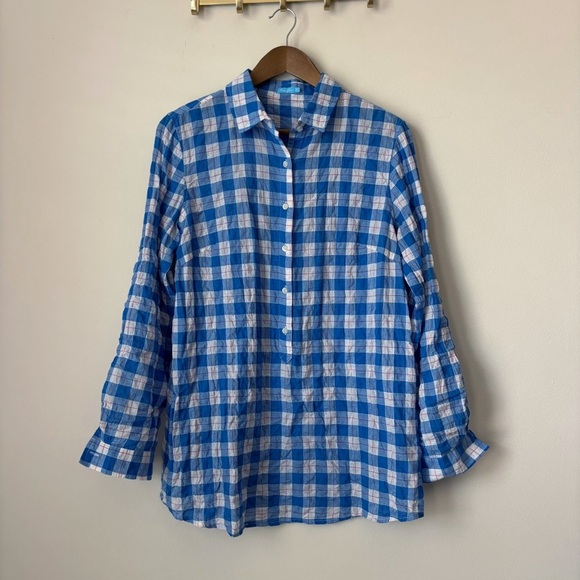 J. McLaughlin Lois Crinkle Tunic Shirt Medium Blue White Plaid - Picture 1 of 8